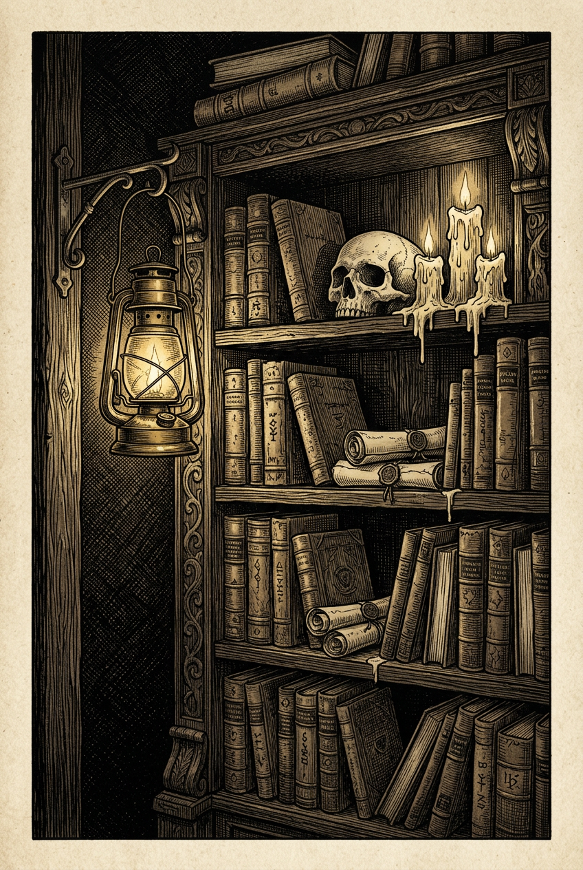 Engraving of tall bookshelves lined with leather tomes, scrolls, a skull and dripping candles beside a hanging lantern