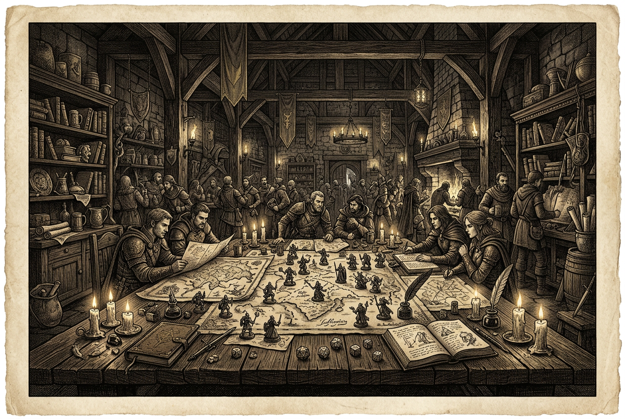An engraved fantasy tavern with candlelit adventure props
