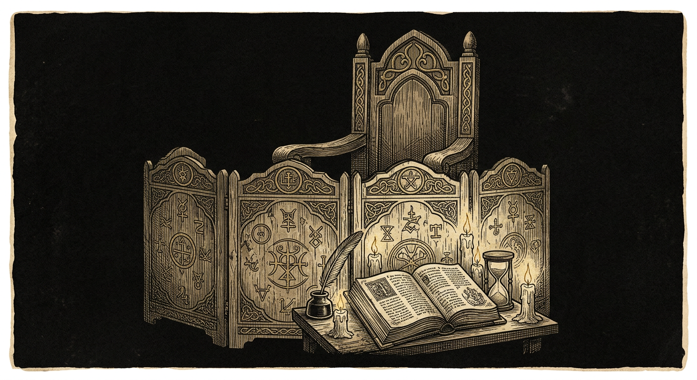 Engraving of a tall carved chair behind an ornate screen with arcane sigils, an hourglass, quill and open grimoire