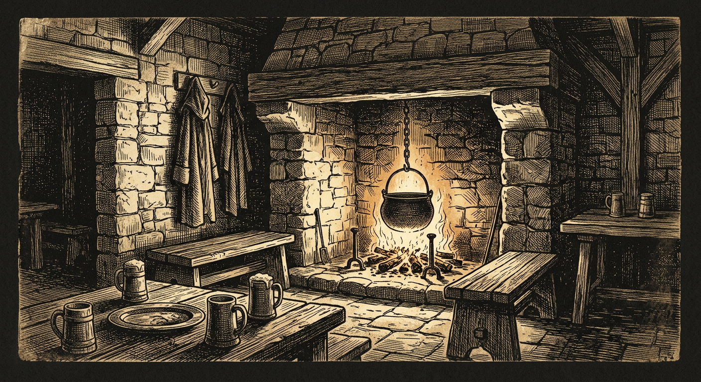 Engraving of a stone hearth with a crackling fire, benches and tankards of ale on a rough table