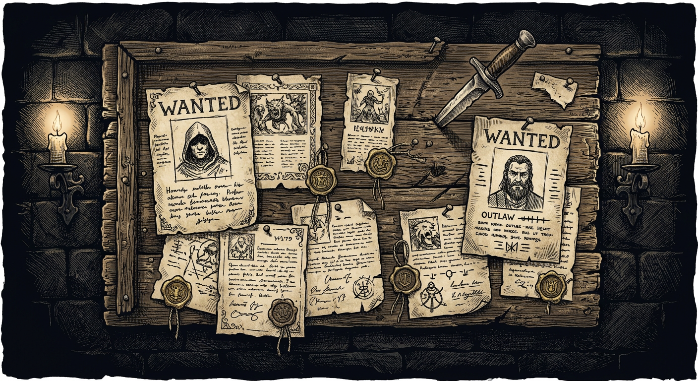 Engraving of a wooden notice board covered in pinned parchment notices, wax seals and a dagger stuck in the wood