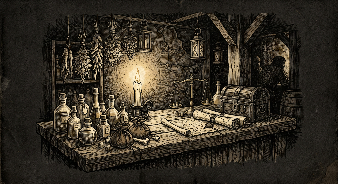 Engraving of a merchant counter with potion bottles, dice pouches, a brass scale, maps and a small locked chest